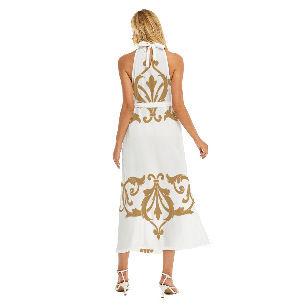 Zephyr Wrap Hem Belted Halter Dress