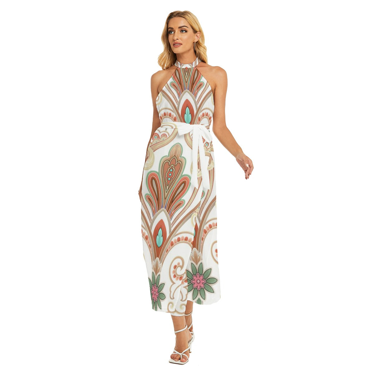 Elysian Wrap Hem Belted Halter Dress