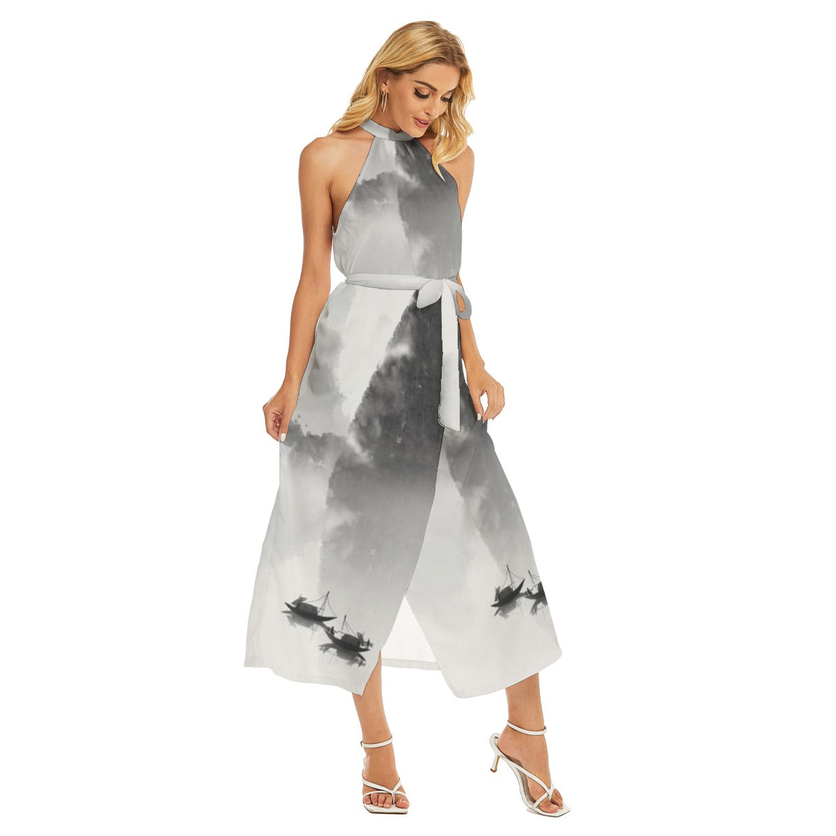Belladonna Wrap Hem Belted Halter Dress