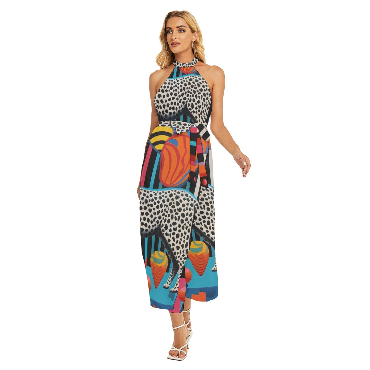 Whisperline Wrap Hem Belted Halter Dress