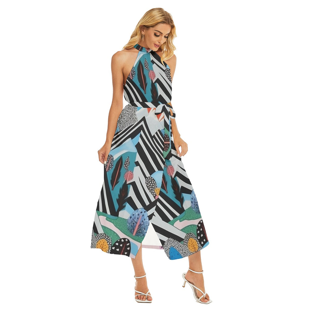 Rhapsody Wrap Hem Belted Halter Dress