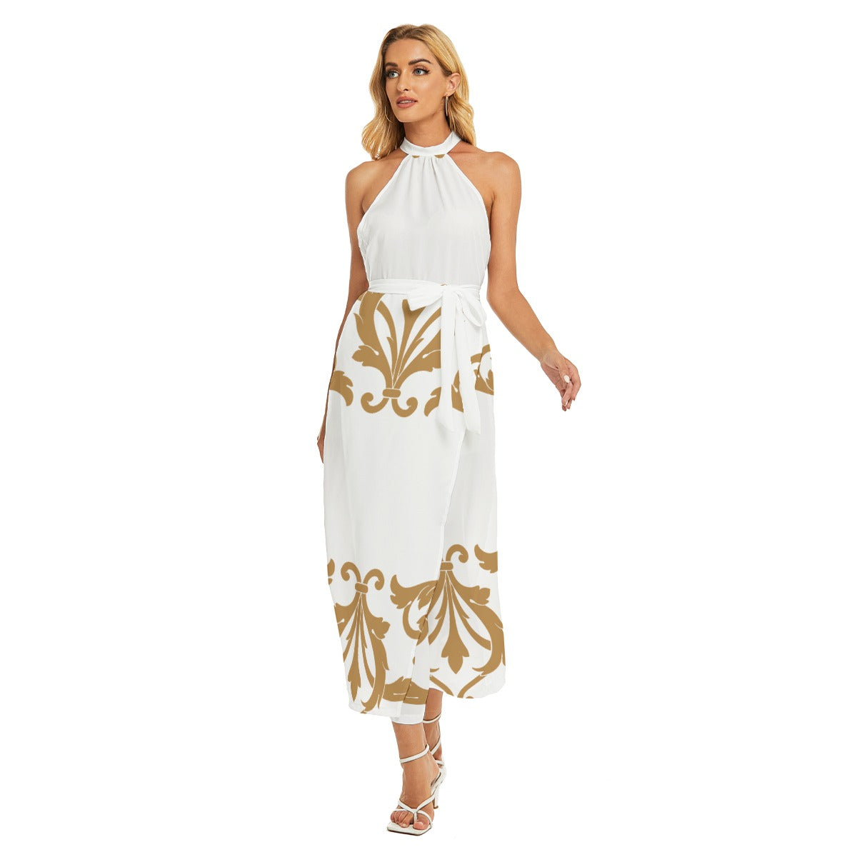 Zephyr Wrap Hem Belted Halter Dress
