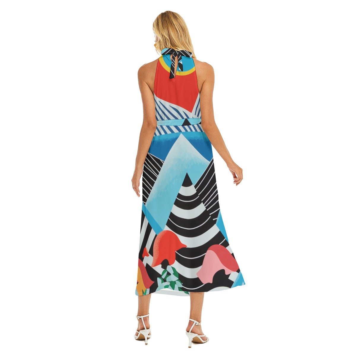 Skyline Wrap Hem Belted Halter Dress