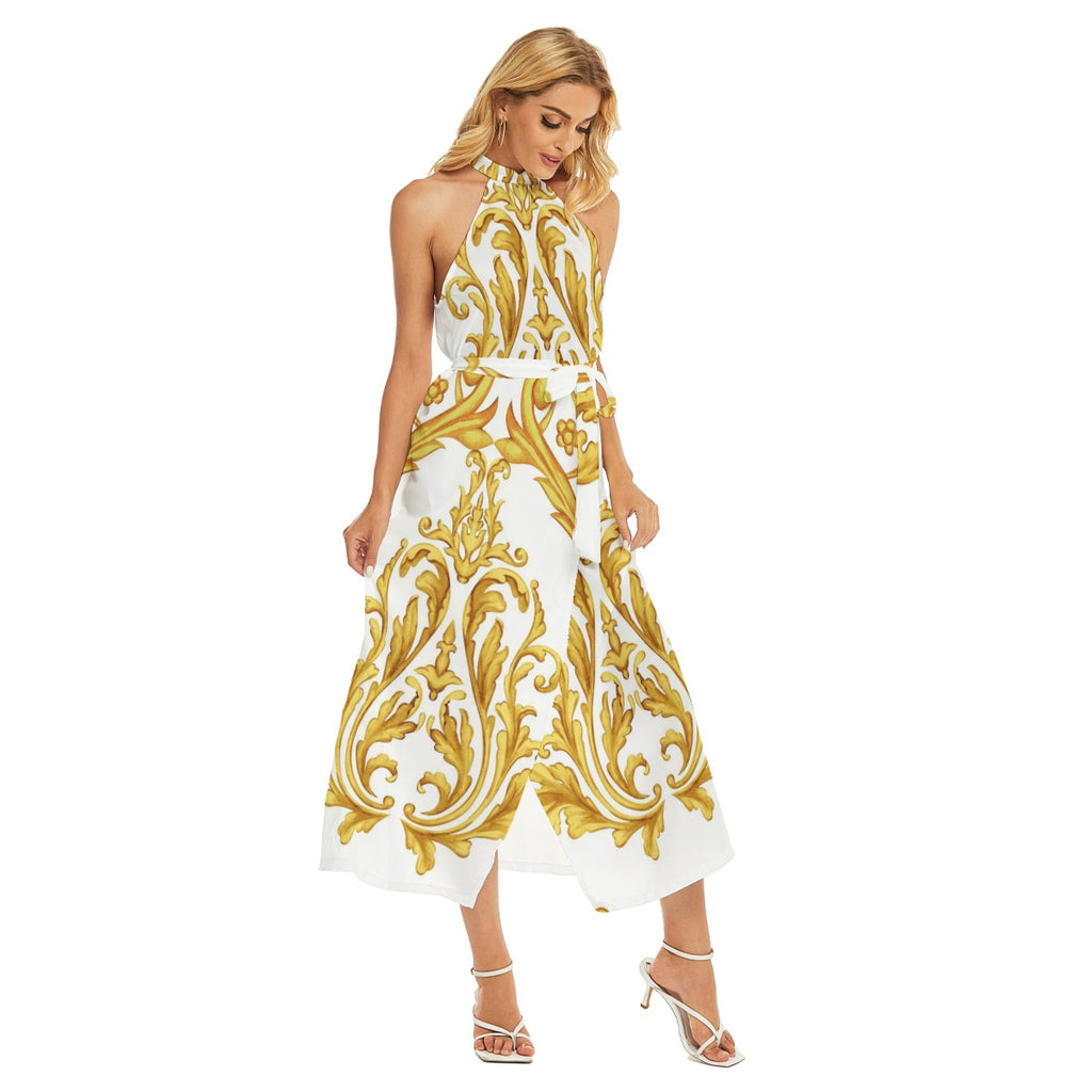 Sienne Split Wrap Hem Belted Halter Dress