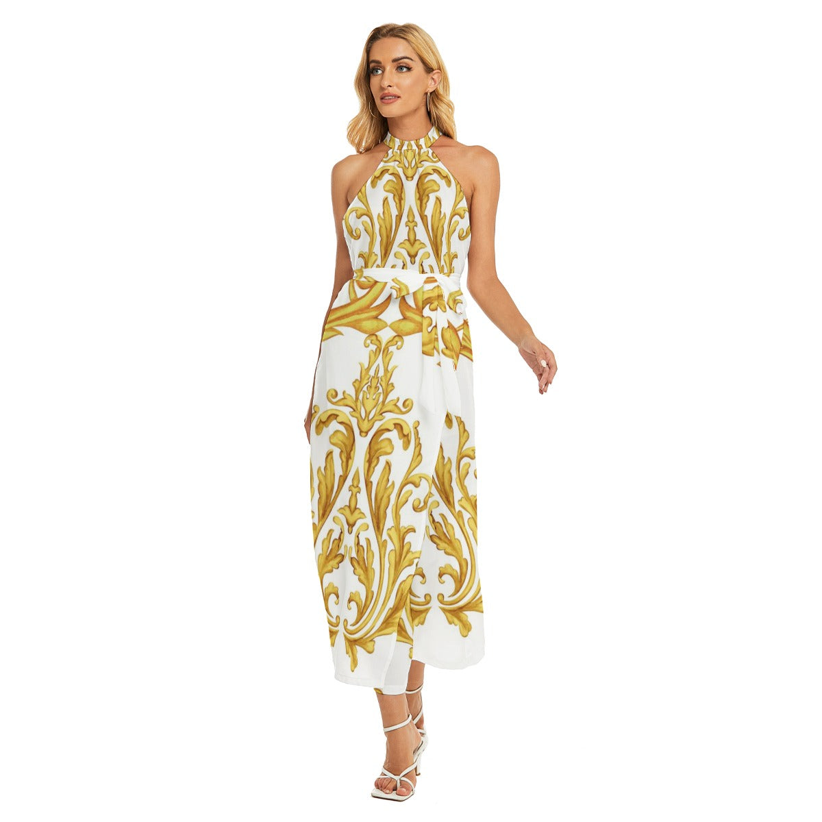 Sienne Split Wrap Hem Belted Halter Dress