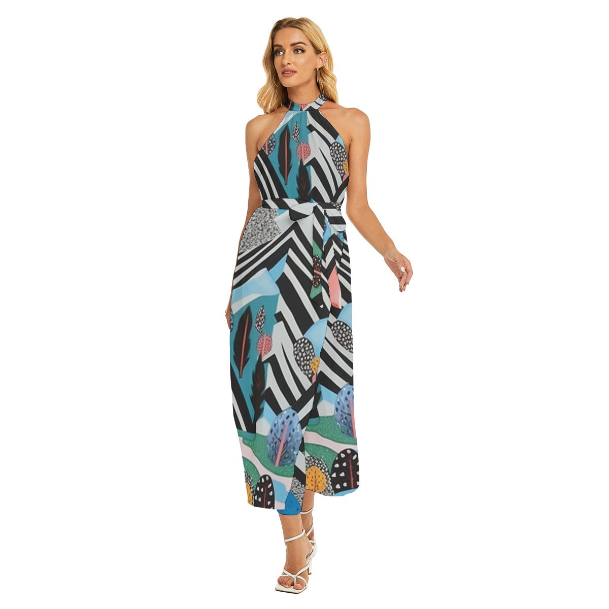 Rhapsody Wrap Hem Belted Halter Dress