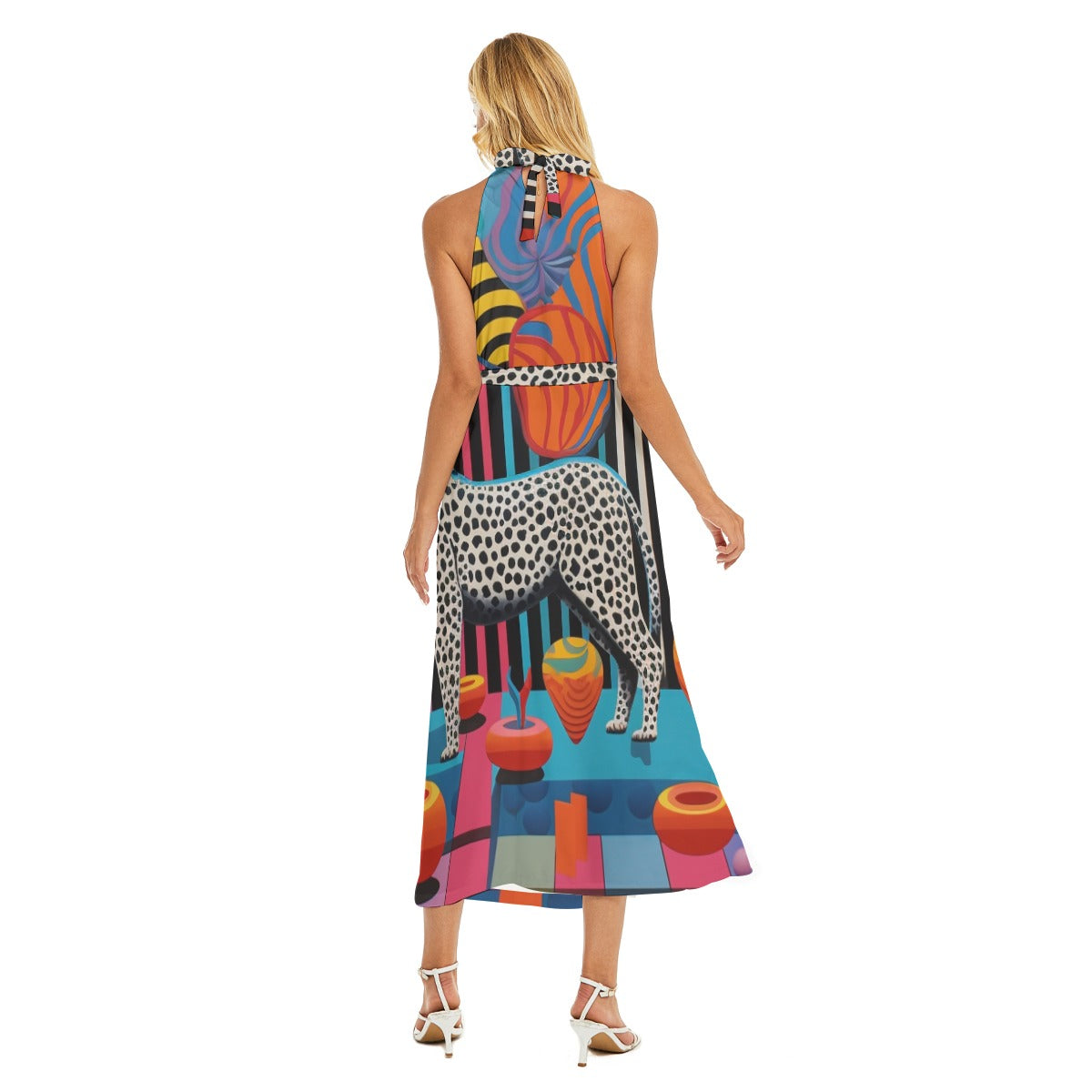 Whisperline Wrap Hem Belted Halter Dress