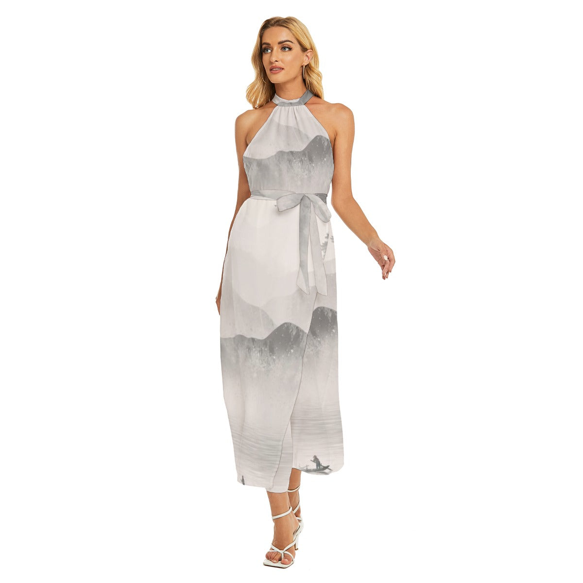 Coastal A-Line Wrap Hem Belted Halter Dress
