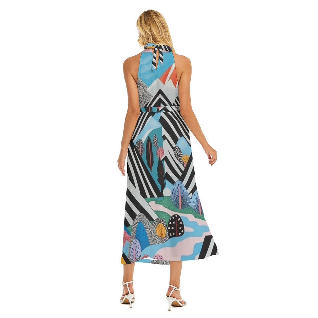 Rhapsody Wrap Hem Belted Halter Dress