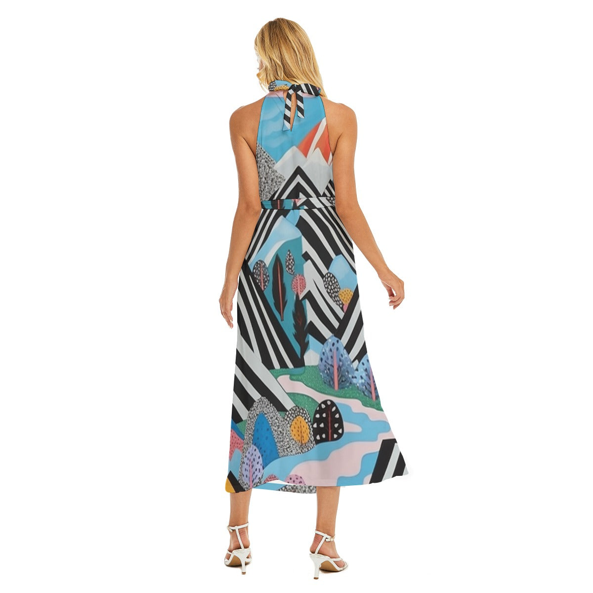 Rhapsody Wrap Hem Belted Halter Dress