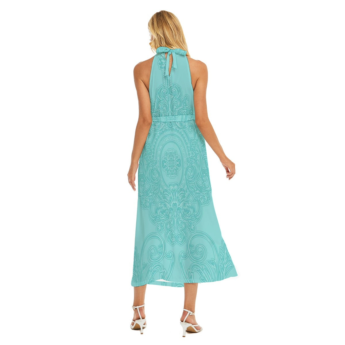 Ascend Wrap Hem Belted Halter Dress