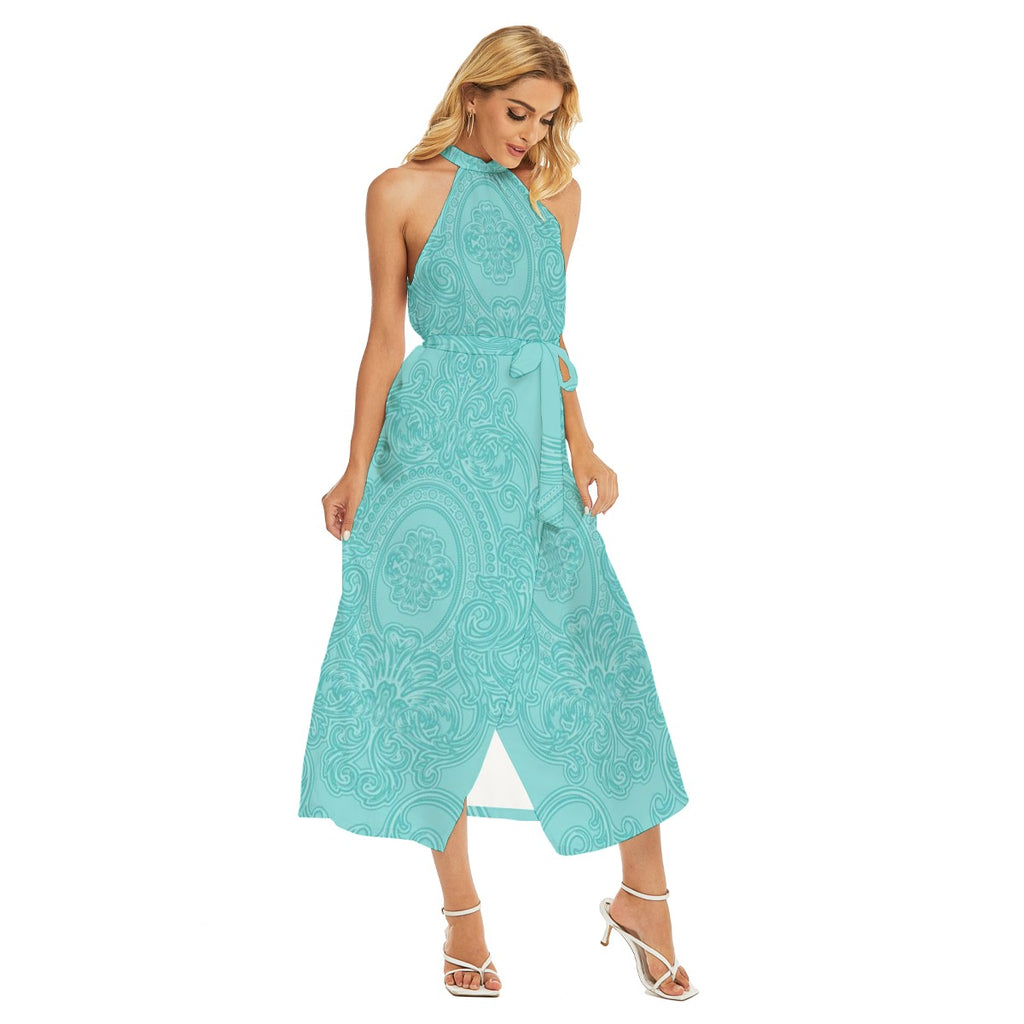 Ascend Wrap Hem Belted Halter Dress