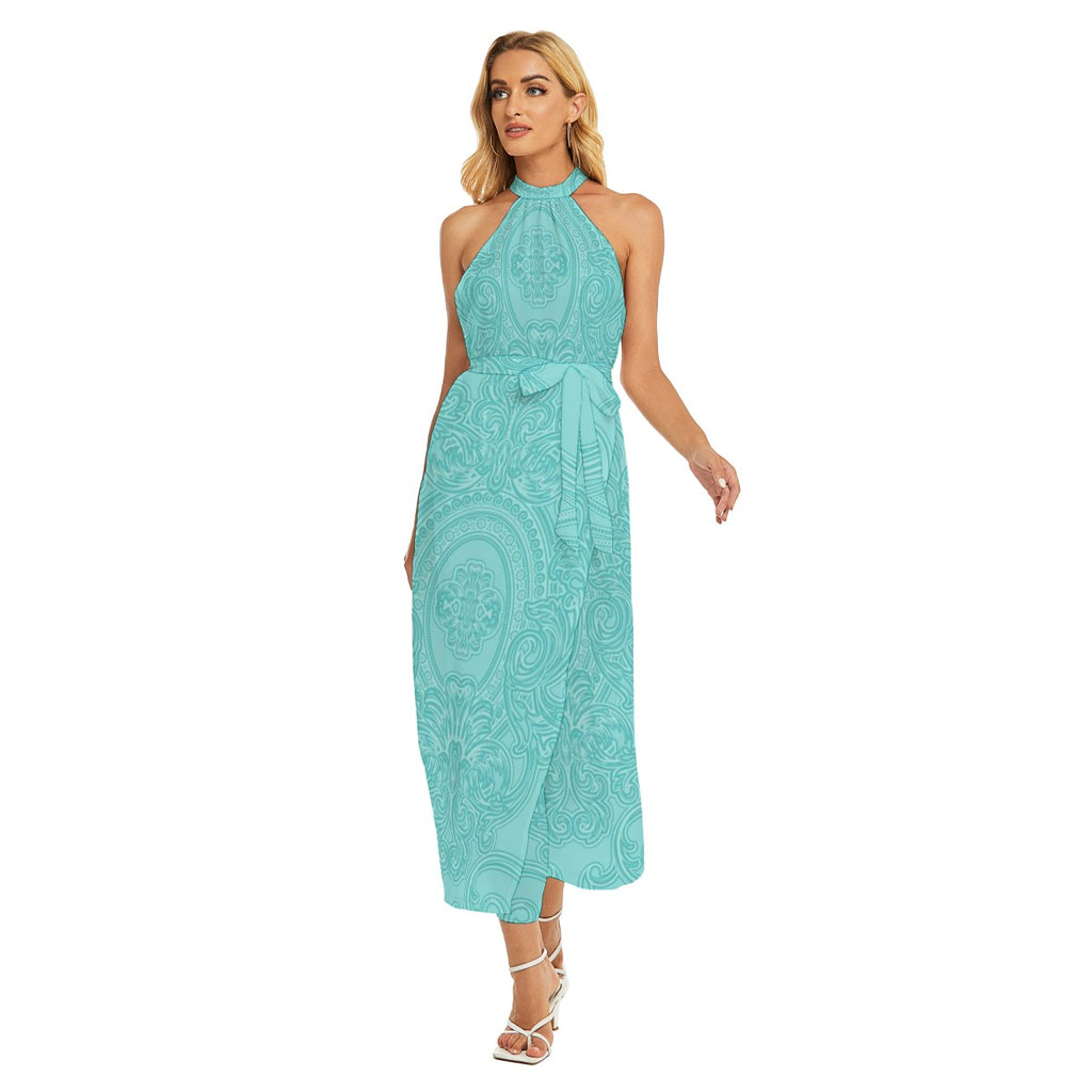 Ascend Wrap Hem Belted Halter Dress