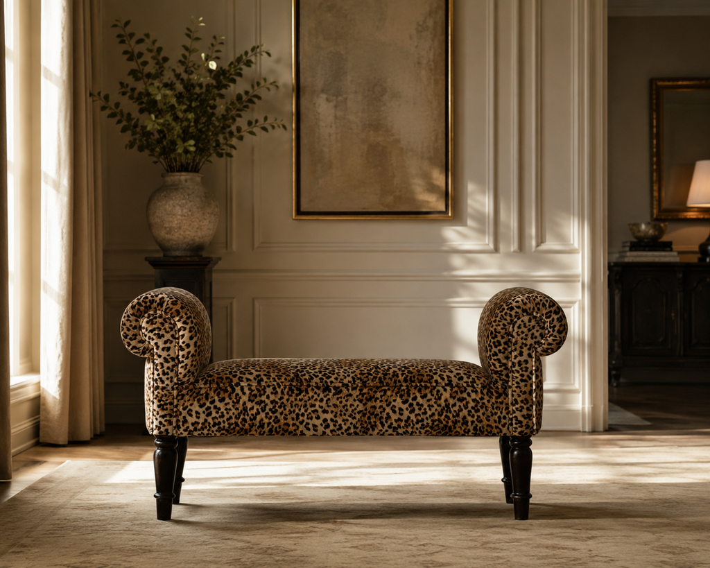 Leopard Print Mango Wood Velvet Bench