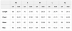 Measurement chart for clothing sizes XS to XL with centimeter and inch measurements.