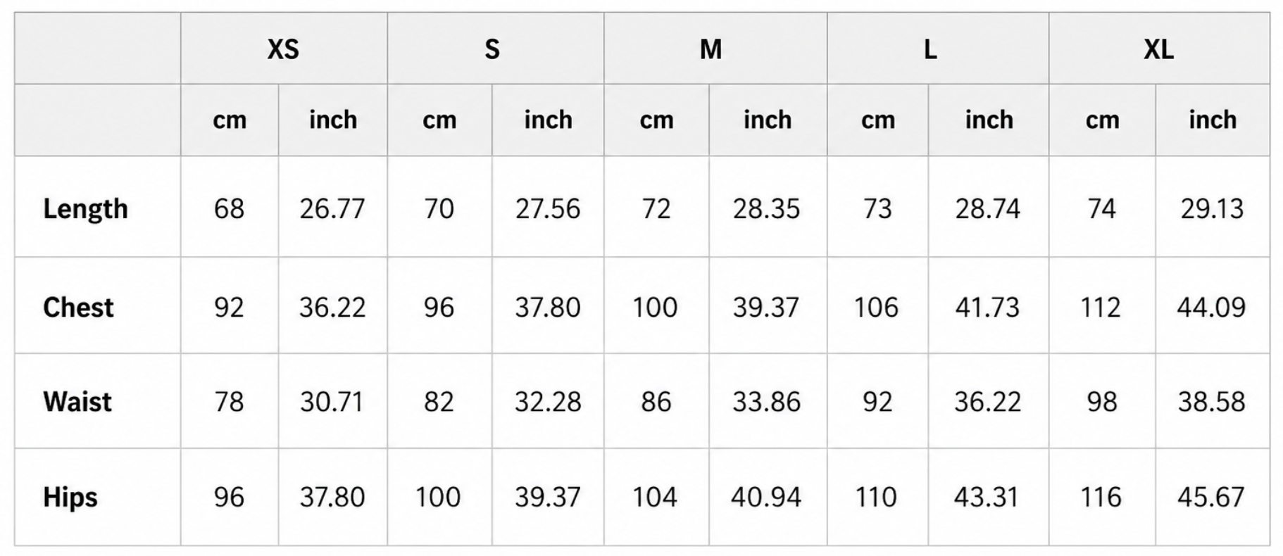 Measurement chart for clothing sizes XS to XL with centimeter and inch measurements.