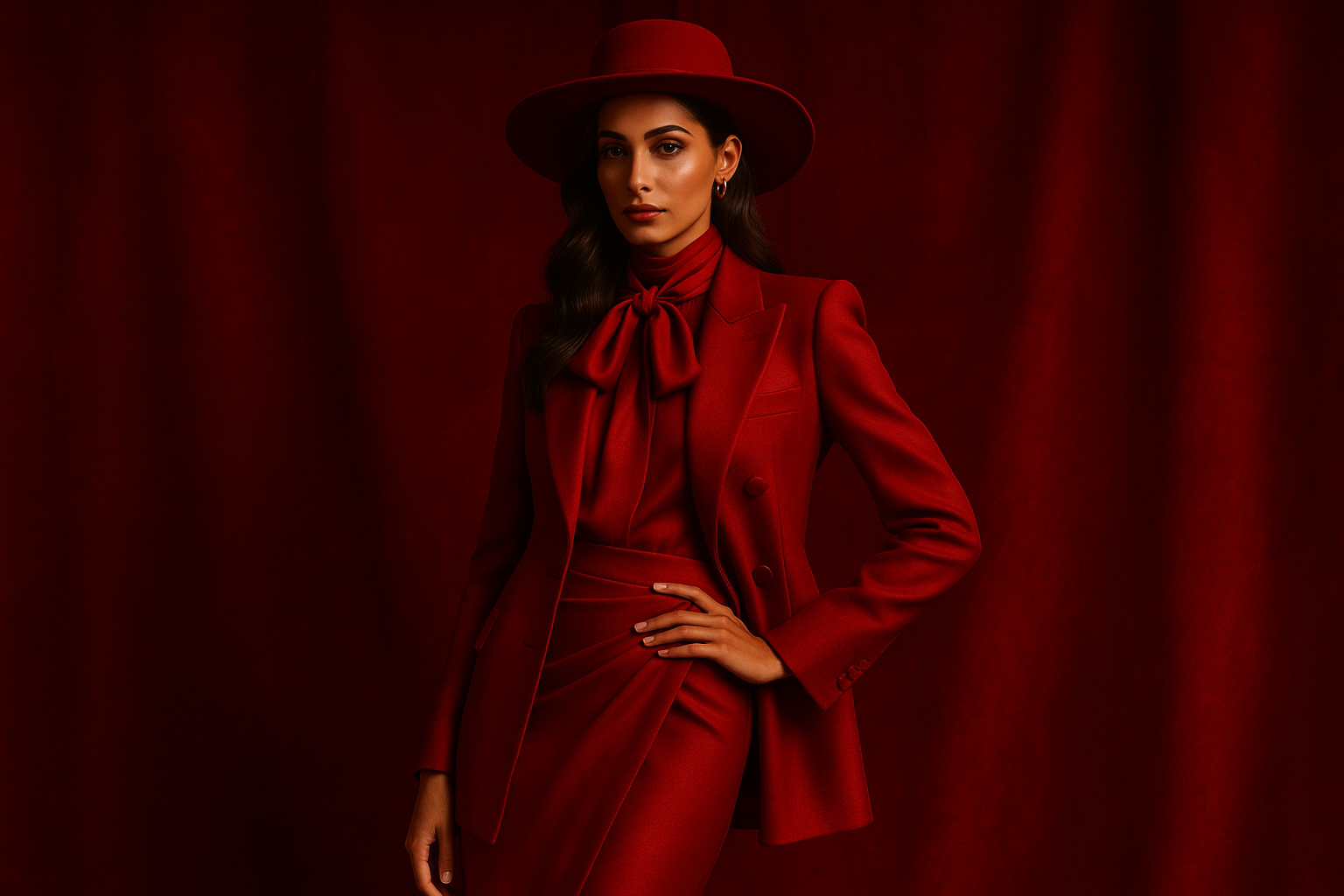 luxury model with olive skin wearing an all red outfit with red aesthetic background